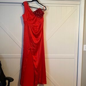 Red Contrast Floor Length Sequin One Shoulder Split Thigh Dress